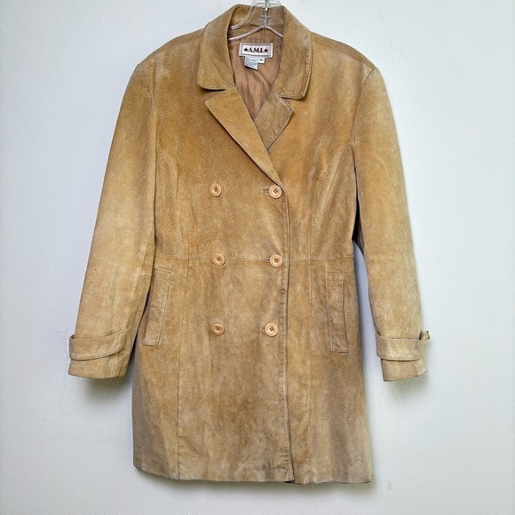 Vintage 90s Y2K Minimalist Suede Tan Cream Double Breasted Jacket distressed M - Picture 1 of 16